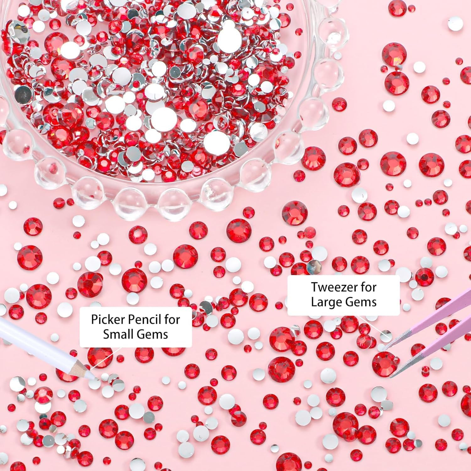 10000Pcs Rhinestone Gems Kit (2 Boxes 6 Sizes), 1.5-4.8Mm Nail Gems Flatback Rhinestone for Crafts, Red Rhinestones with Picking Pen and Tweezers for Crafts Decoration and Jewelry Making image number 2