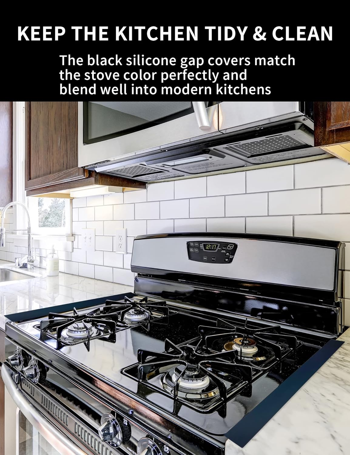 Donpearl 30 Inch Black Stove Gap Covers (2 Pack), Silicone Gap Filler for Stove and Counter, Oven Edge Side Gap Guards, Kitchen Range Crumb Catcher Strips between Stovetop and Countertop image number 2