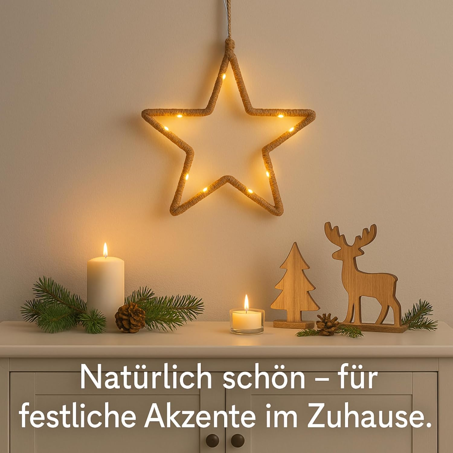 MIJOMA LED Christmas Decoration for Hanging Made of Metal and Jute with Timer - Rustic Winter Decoration with Fairy Lights - Battery Operated (Star: Approx. Diameter 20 Cm)