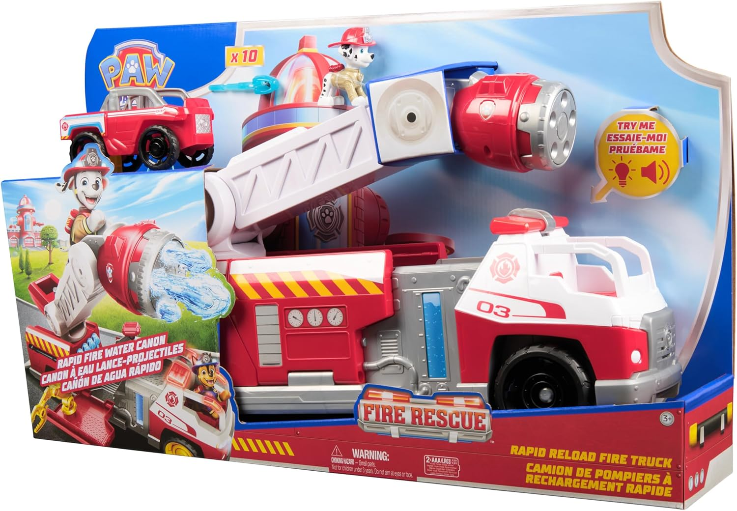 PAW Patrol Fire Rescue: Rapid Reload Fire Truck with Marshall Figure, Quick-Fire Launcher, Lights and Sounds, Kids Toys for Boys and Girls Ages 3 and Up image number 1