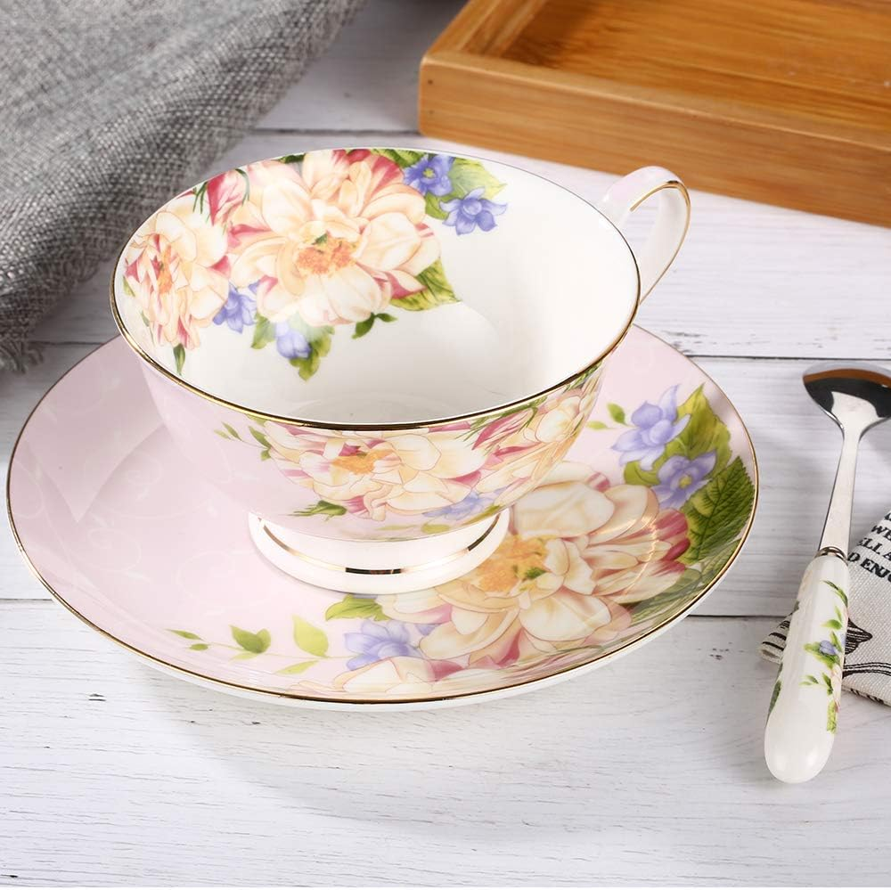 Jinglory Tea Cups,Floral Tea Cups and Saucers Set with Spoon,Bone China Tea Set,Coffee Cups,Tea Sets for Adults/Women/Men/Friends Tableware 10.5X5.8 Pink - Blue image number 3