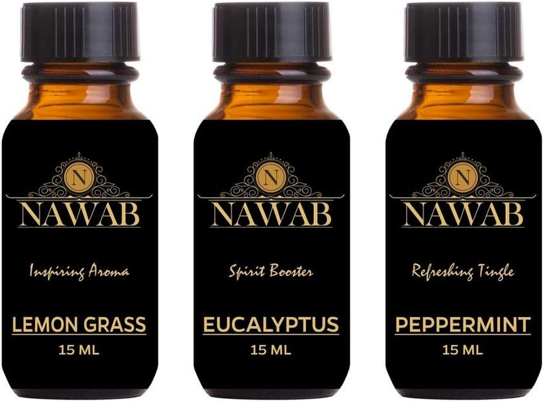 NAWAB Aroma Oil / Diffuser Oil / Scented Oil / Fragrance Oil ( Lemongrass , Eucalyptus , Peppermint - 15Ml Each)