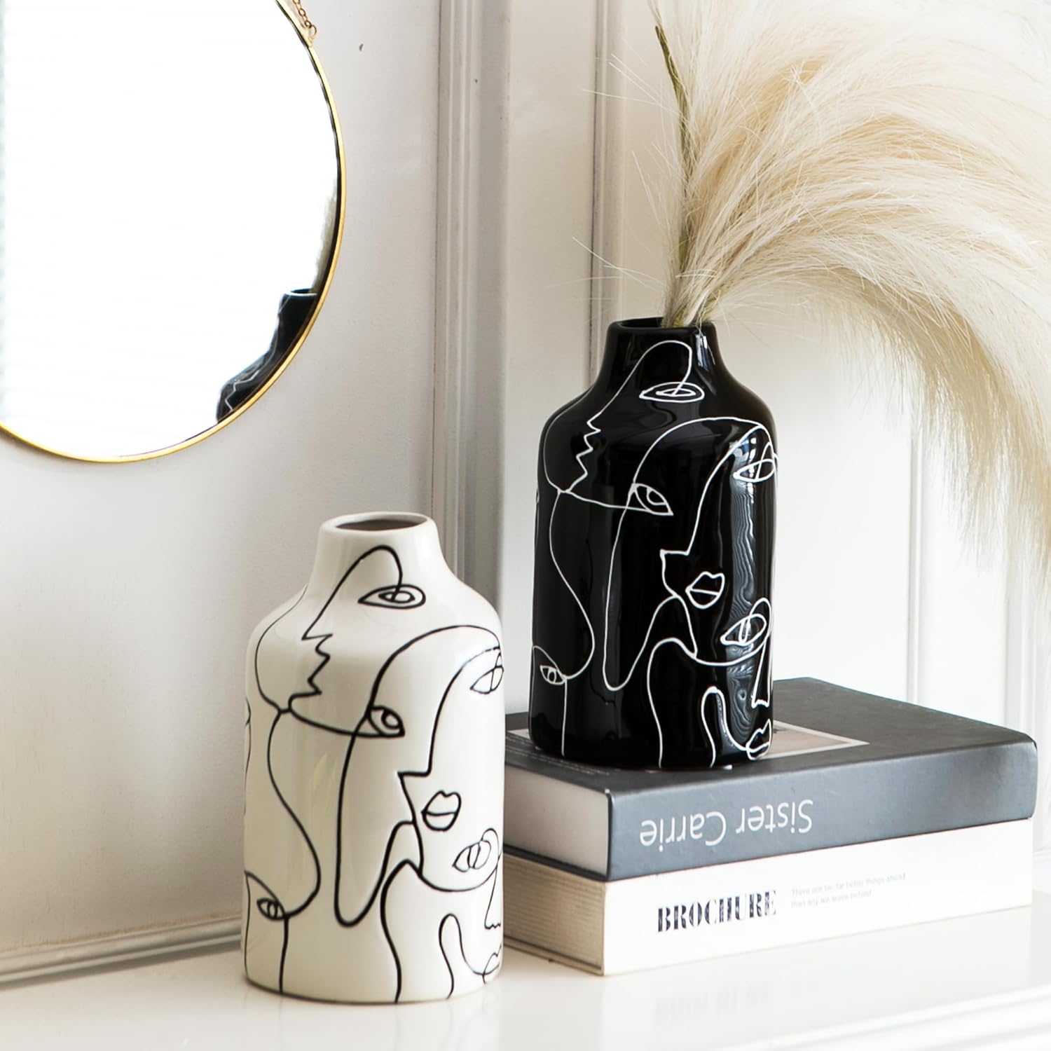 Kimdio Ceramic Vase Set, 2Pcs Black and White Abstract Irregular Design Flower Vases, Modern Home Decor Living Room Decor Minimalist Decorative Vase for Pampas Grass - E-Black And White Set image number 5