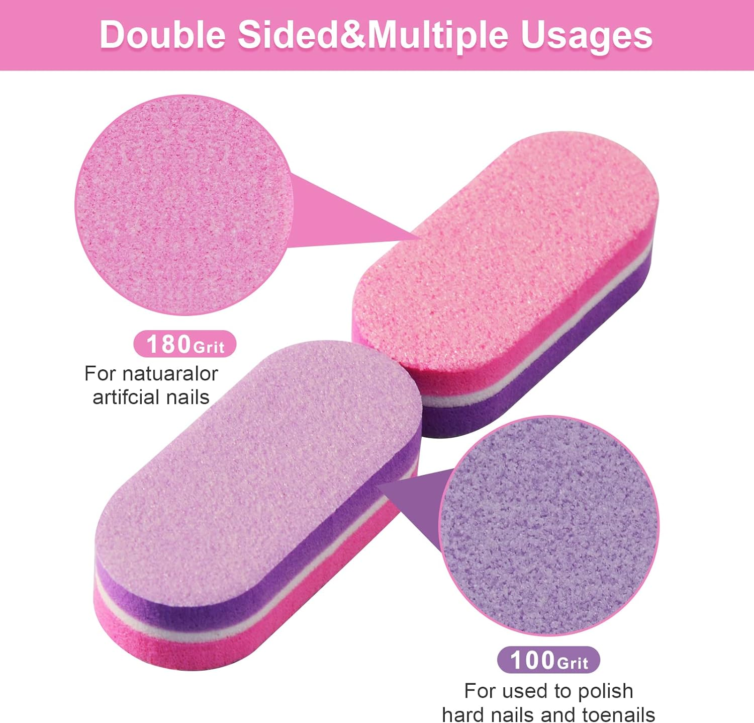 Diesisa Mini Nail Buffers, 40Pc 100/180 Grit Sponge Mini Nail Files Bulk for Acrylic Nails, Buffer Block Nail File,Mini Bulk Nail Buffers Double Sided for Manicure Tools - Pink/Purple image number 4