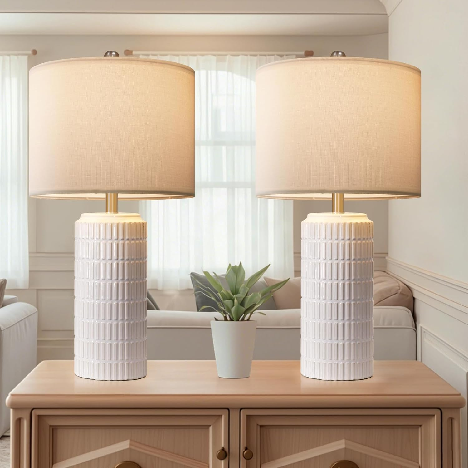 Webcem Ceramic Bedside Table Lamps Set of 2 with 3 Color Temperatures, Modern Lamps for Living Room Bedroom Bathroom Office Hotel Entrance Hall, Nightstand Lamps with White Linen Shade image number 4