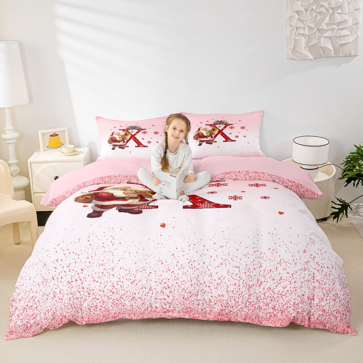 Homemissing Children'S Pink Christmas Theme Bedding Set 135 X 200 Cm Alphabet Personalised Initials Letter X Duvet Cover Boys Girls Christmas Snowflakes Santa Claus Bedding Set image number 3
