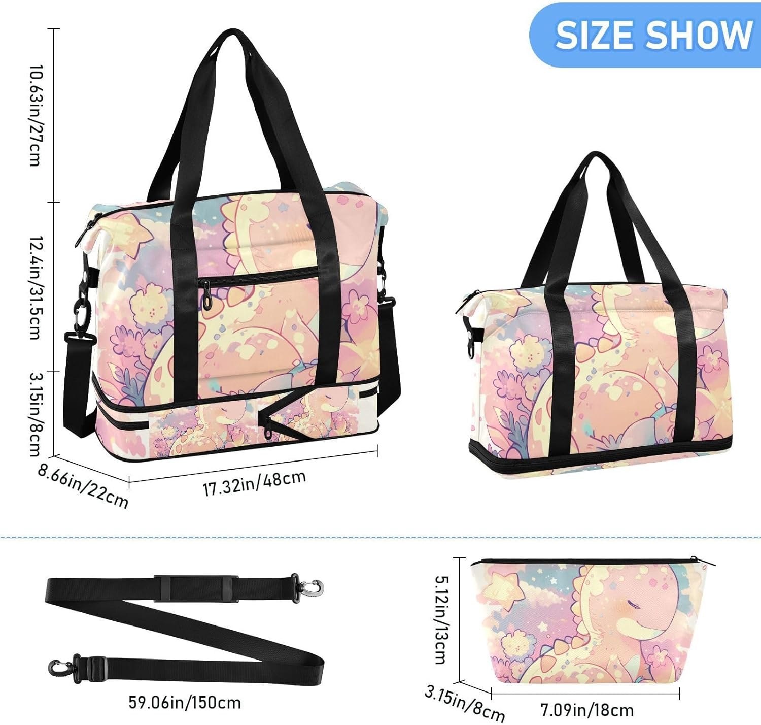 Cartoon Baby Dinosaur Childlike Doodle Style Pastel Colors Large Bag Travel Weekender Gear Bag with Adjustable Strap for Business Trips 2 Pcs Set, Cartoon Baby Dinosaur Childlike Doodle Style Pastel image number 6