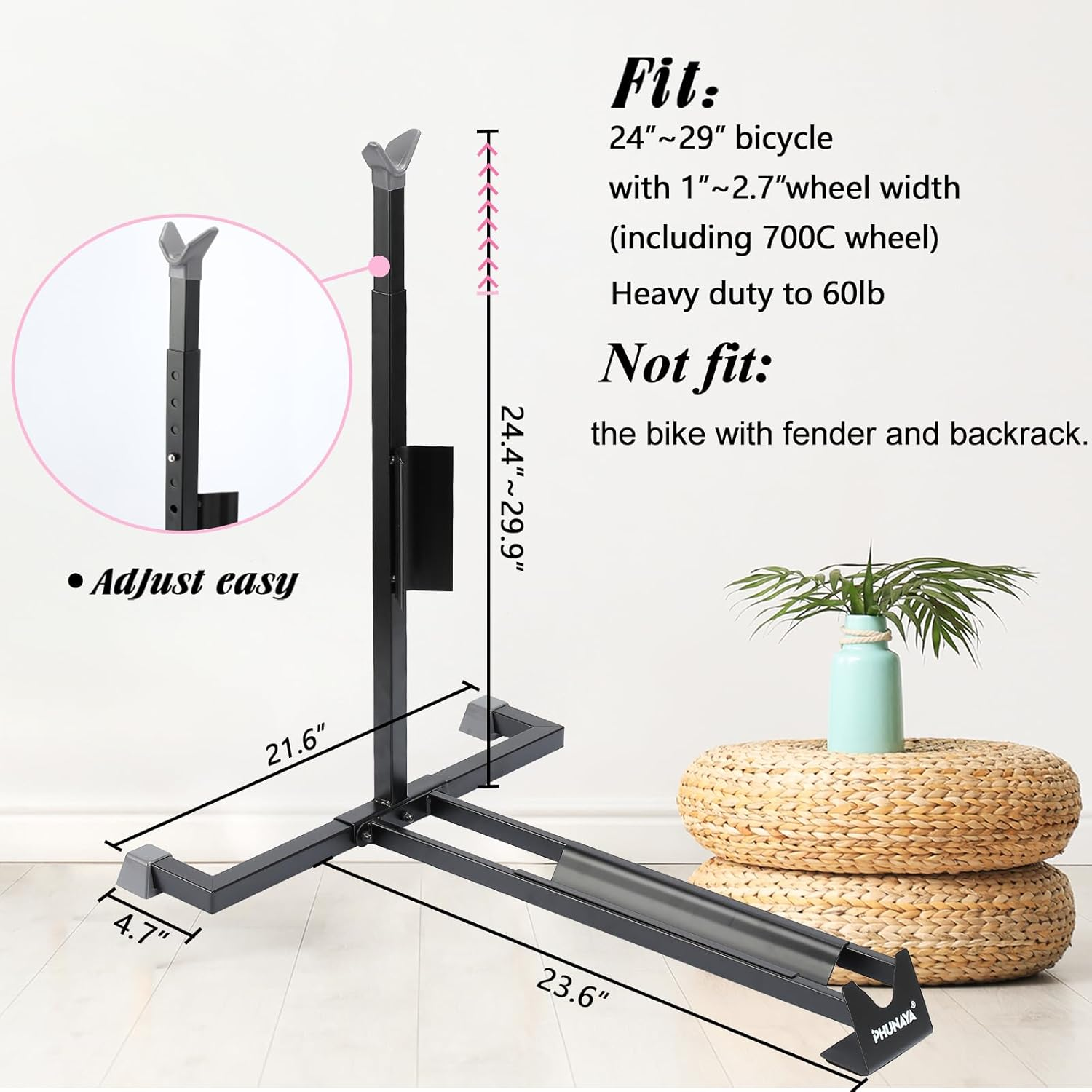 PHUNAYA Bike Stand,Vertical Bike Rack for Indoor Bike Storage,Upright Bicycle Stand Floor.Heavy Duty Bike Holder with PVC Coating.Suit 24"-29" Mtb,Hybrid and Road Bike,Patent Application. image number 2