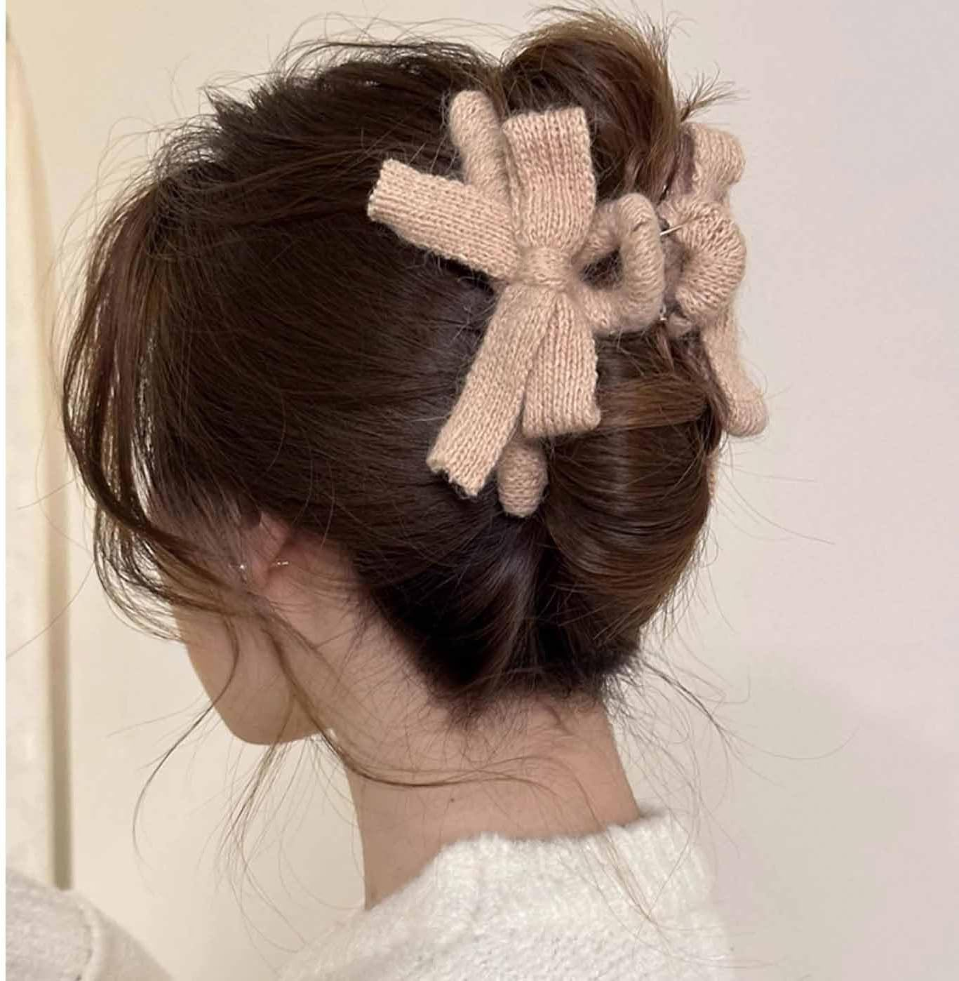Resweky Hair Barrettes Bowknot Winter Wool Yarn Hair Clips Cute Hair Clips for Women Girls Brown image number 3