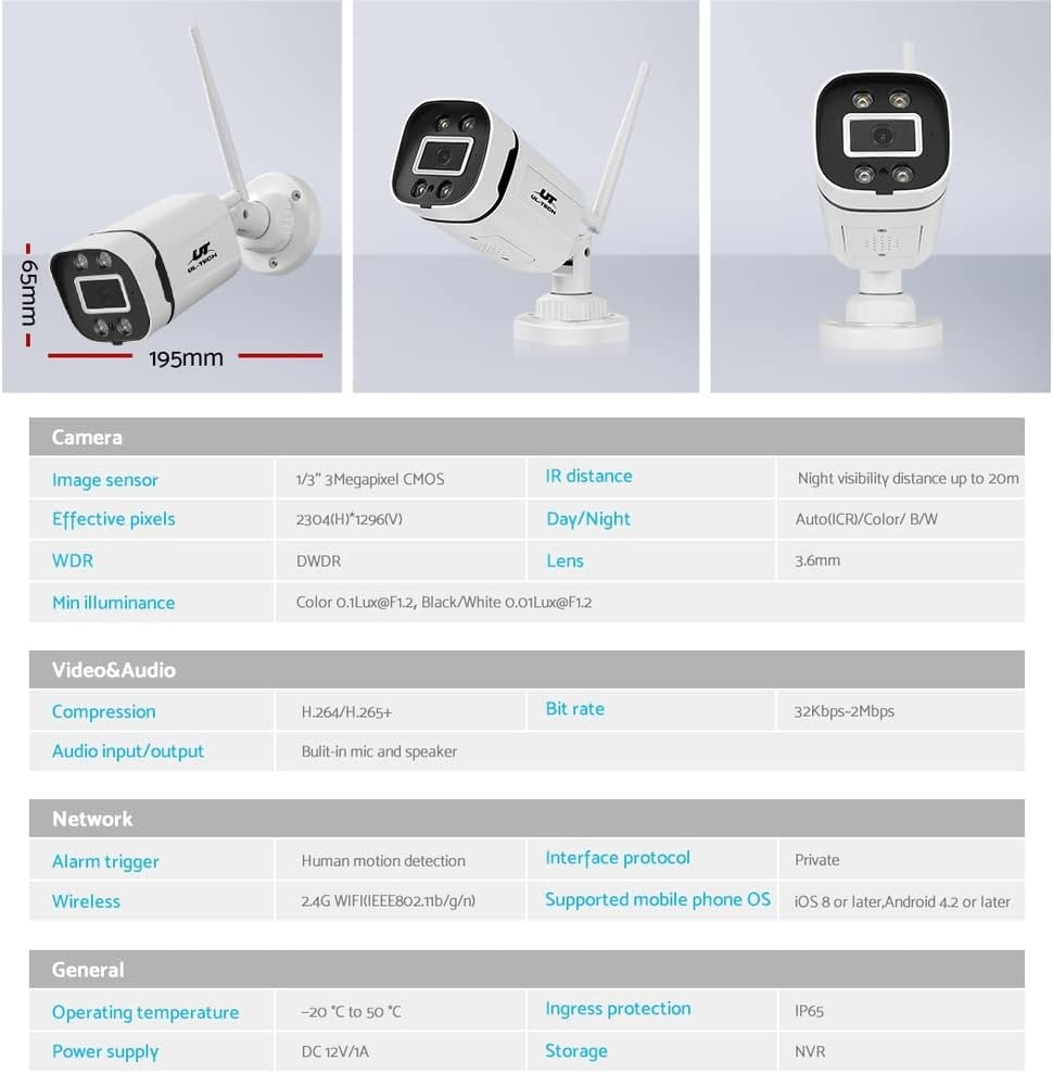 UL-TECH Set of 4 Security Camera, 8 Channel Wireless Surveillance Pet Cameras Hidden CCTV Monitor Wifi Home Safe Outdoor Indoor System, 3Mp Full HD NVR P2P with Built in Ir-Cut White image number 4