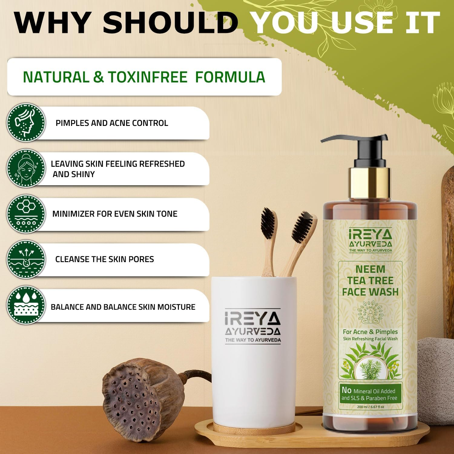 Ireya Ayurveda Tea Tree Face Wash 3.38Oz Made with Neem Extract Tea Tree Oil Moisturizing Face Wash for Men and Women, 100 Ml Pack of 1 image number 4