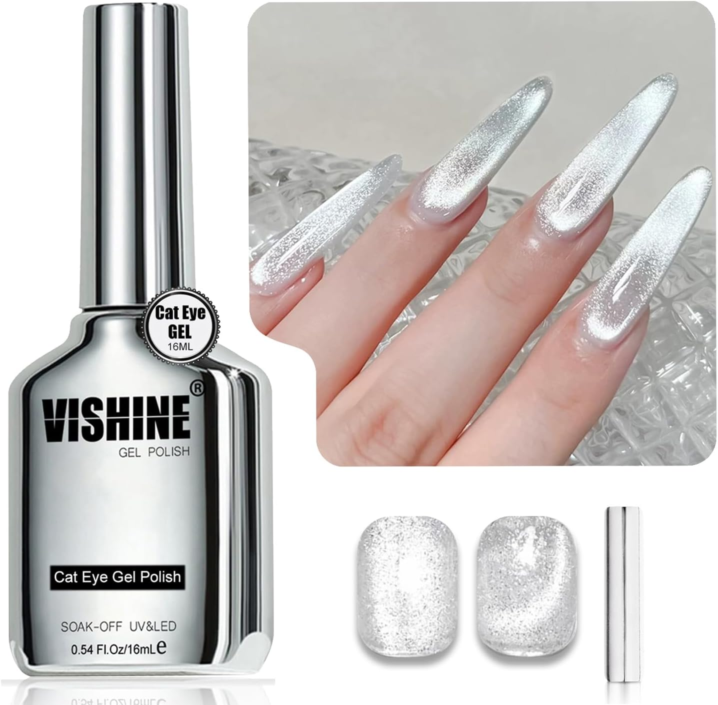 Vishine 16Ml Cat Eye Gel Nail Polish &ndash; Silver Glitter Holographic Gel, Reflective Translucent UV Gel, Crystal Shade (H001)
