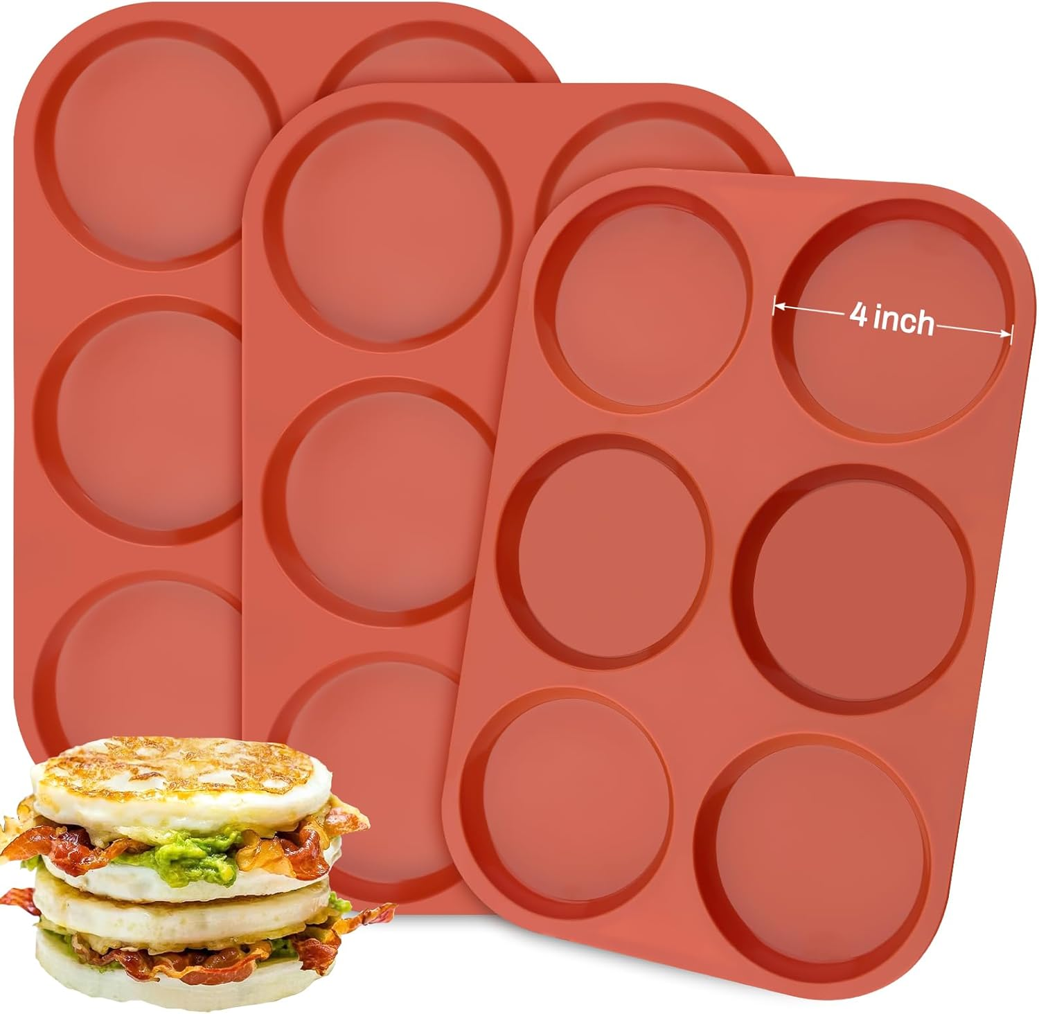 Ocmoiy 4 Inch Silicone Egg Mold for Breakfast Sandwiches, 3 Pack Non-Stick Silicone Jumbo Muffin Top/Hamburger Bun Pan Eggs Bites Molds for Oven Baking Egg Patty, Pancake, Frittata image number 1
