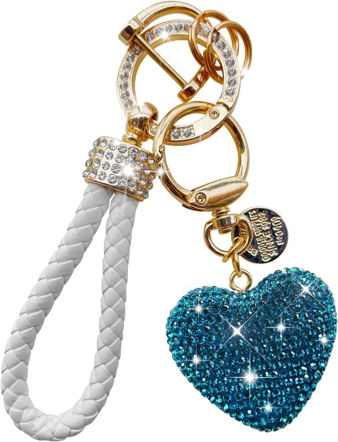 Crystal Heart Keychain, Sparkly Blue Rhinestone Key Fob Holder with Anti-Lost D-Ring image number 6
