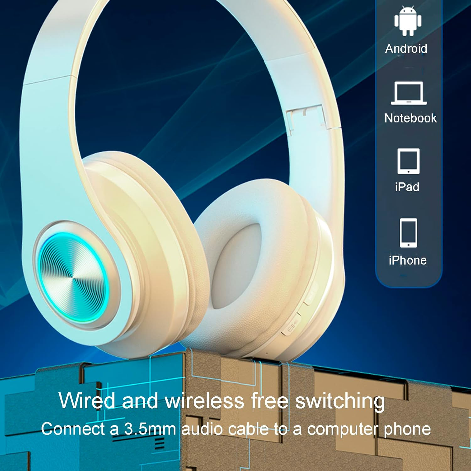 ESSGUO over Ear Kids Bluetooth Headphones, Colorful LED Lights Headphones with Built-In Mic, Wired & Wireless Lightweight Foldable Hifi Stereo Headset for Gift, Tablet, Adult, Game(White) image number 3