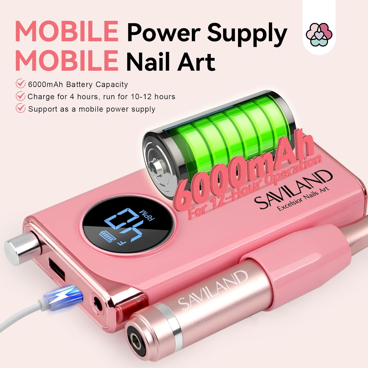 SAVILAND Electric Nail Drill Professional: 40000RPM Pink Nail Filer Electric Manicure Pedicure 13 Nail Drill Bits for Acrylic Nails False Nails Gel Nails Dip Nail Artificial Nails Home Salon image number 5