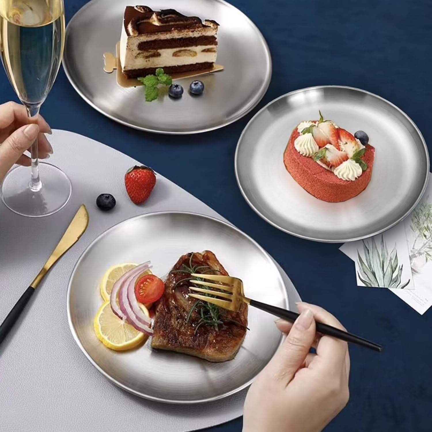 304 Stainless Steel Plates 7.87 Inch 4 Pcs, Metal Lightweight Unbreakable Dinner Dishes Plates Set, Dishwasher Safe image number 3