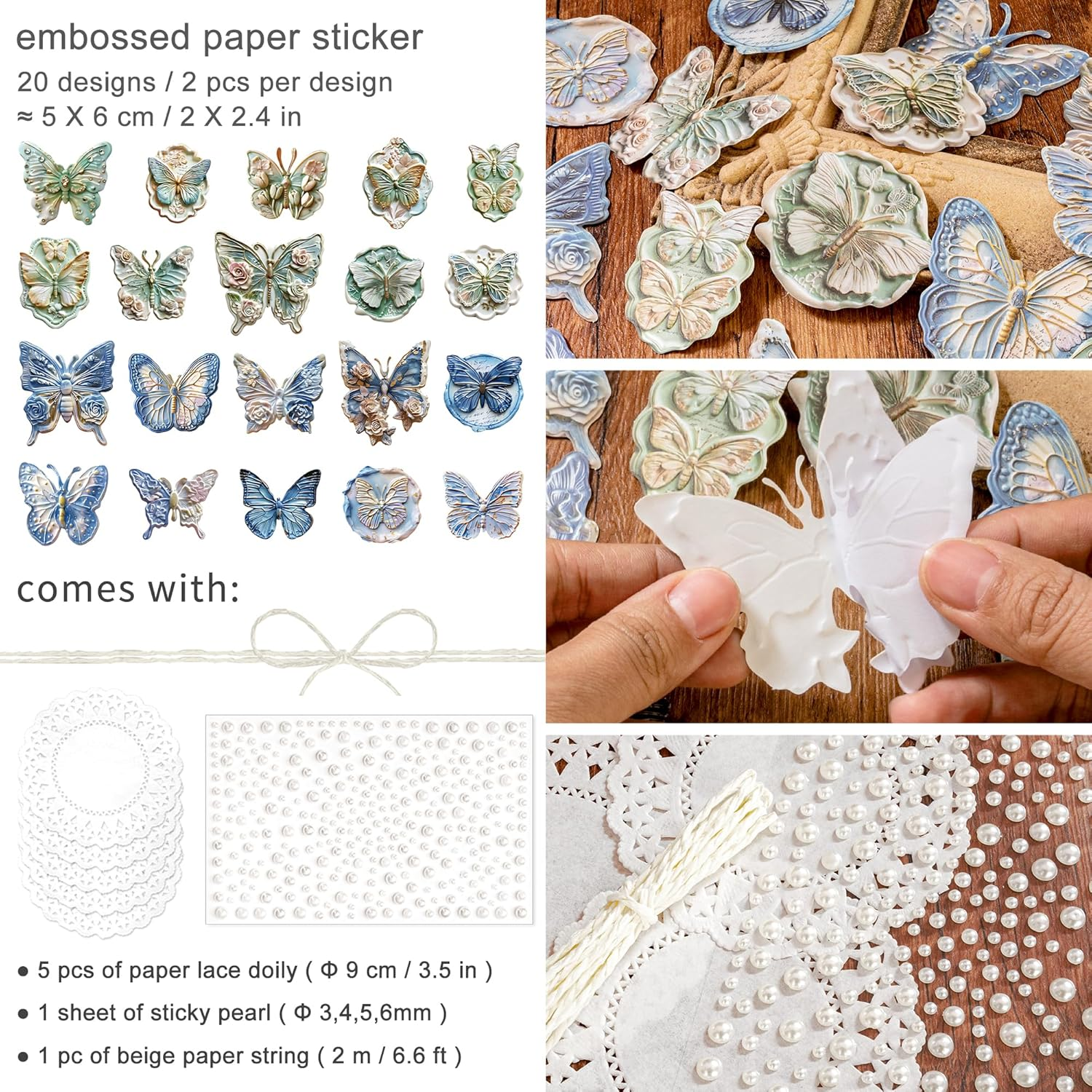 Aesthetic Butterfly Themed Sticker Embossed Flower Pattern Decorative Paper Set Retro Strip Decal Vintage Decoupage Pack for Scrapbook Supplies Journal Kit Card Making Collaging (Penny) image number 2