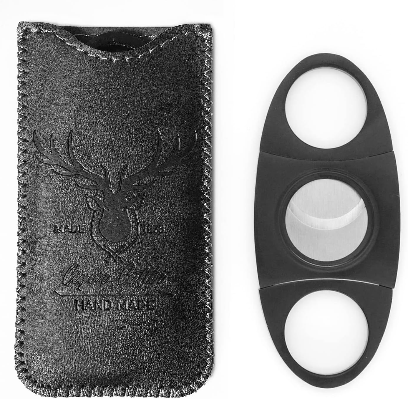 Stainless Steel Cigar Cutter with Leather Case,Double Blade for a Precise Perfect Cut(Brown Deer)