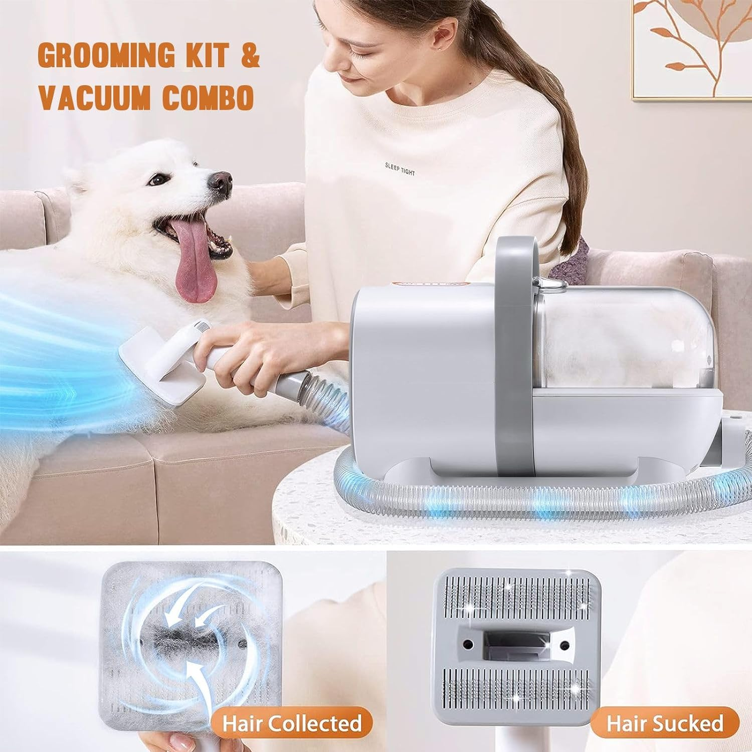 Pet Scene Pet Grooming Kit 1.5L with Bag, 7In1 Vacuum Grooming Dog Clipper Vacuum Cleaner Slicker Trimmer Remover Deshedding Brush Cat Hair Groomer