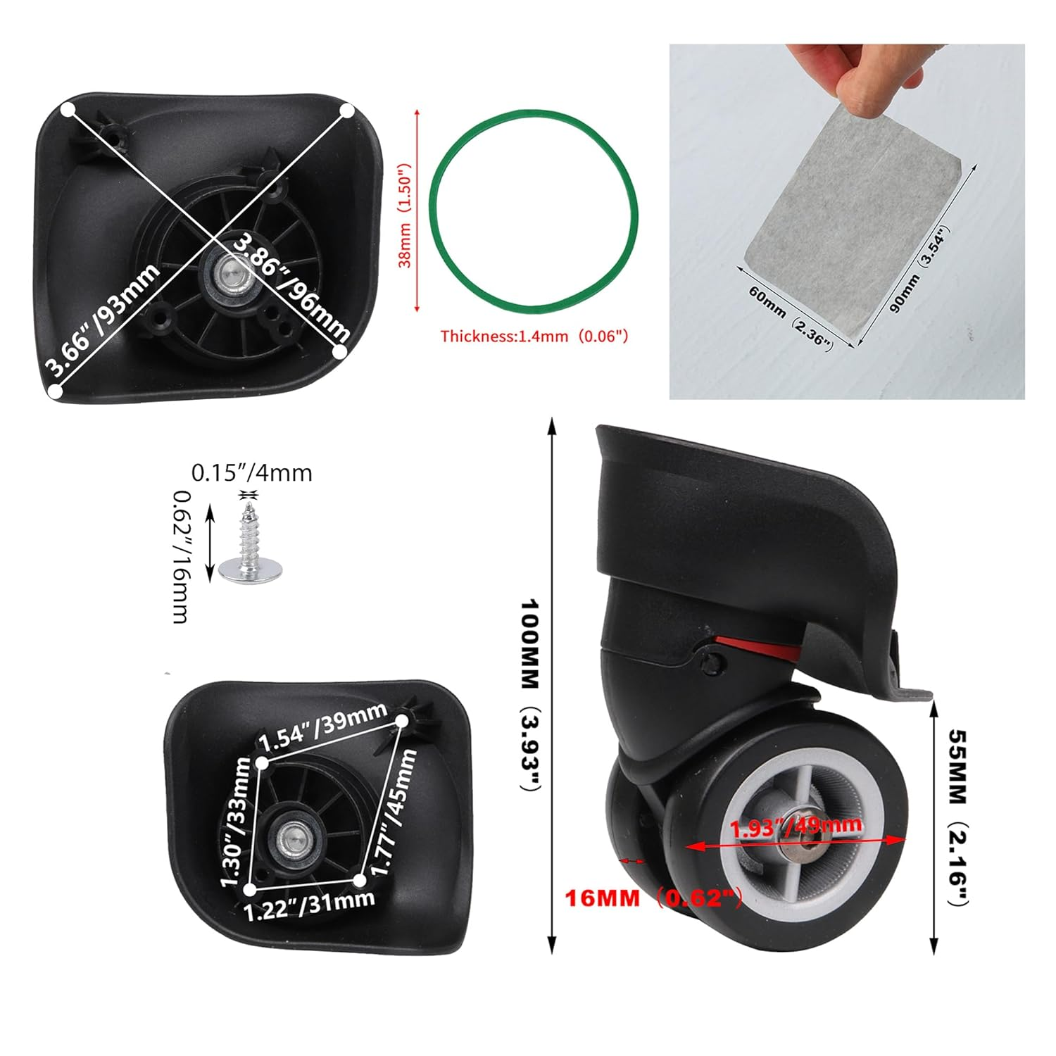 Bstinay W042 2PCS Left Right Swivel Luggage Replacement Wheels 3.93 Inch for DIY Travel Accessories, Black image number 3