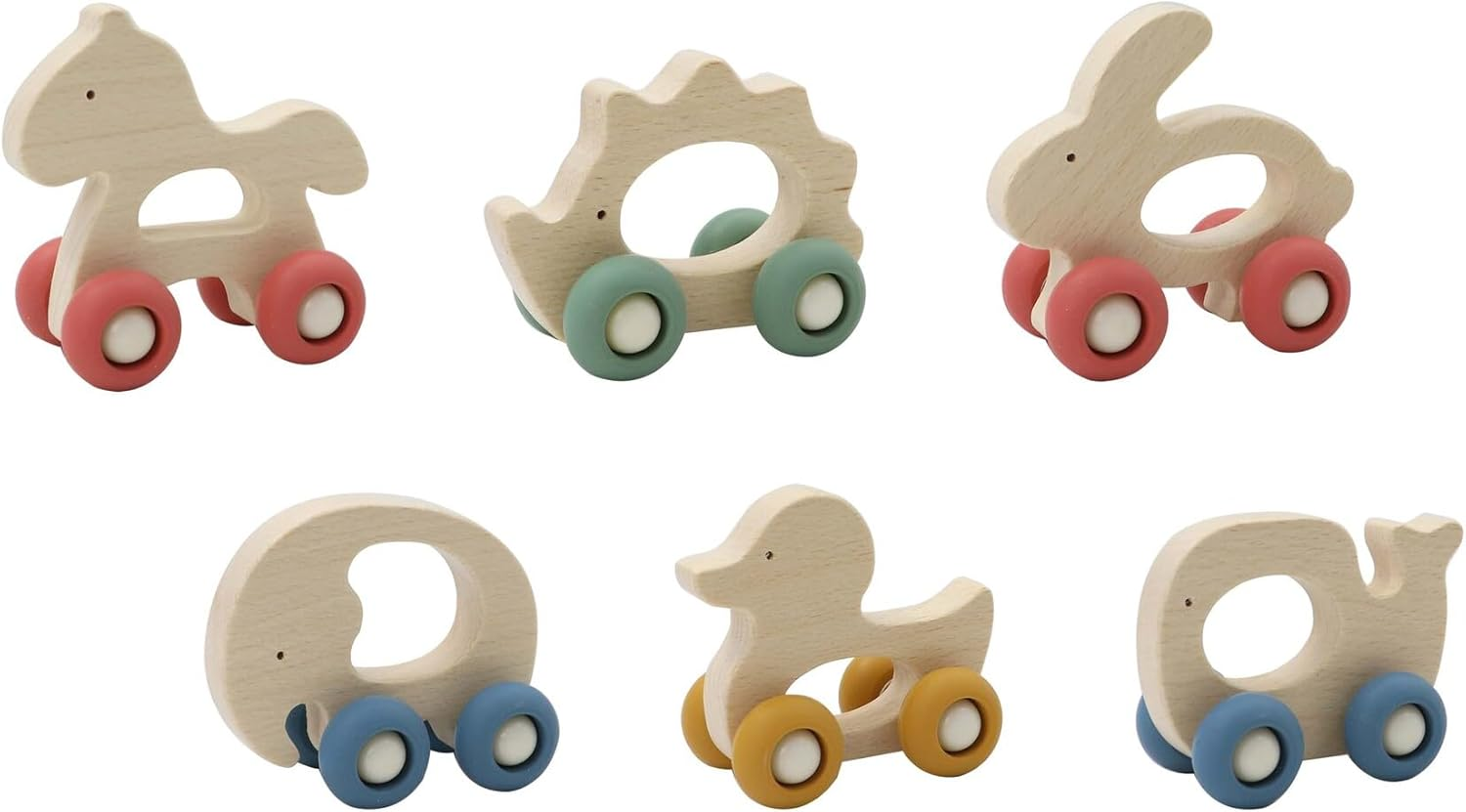 Kaper Kidz NG23811 Wooden Grip Animal with Silicone Wheels Pack of 6: Rolling Wooden Toys for Babies and Toddlers for Ages 18 Months+ image number 2