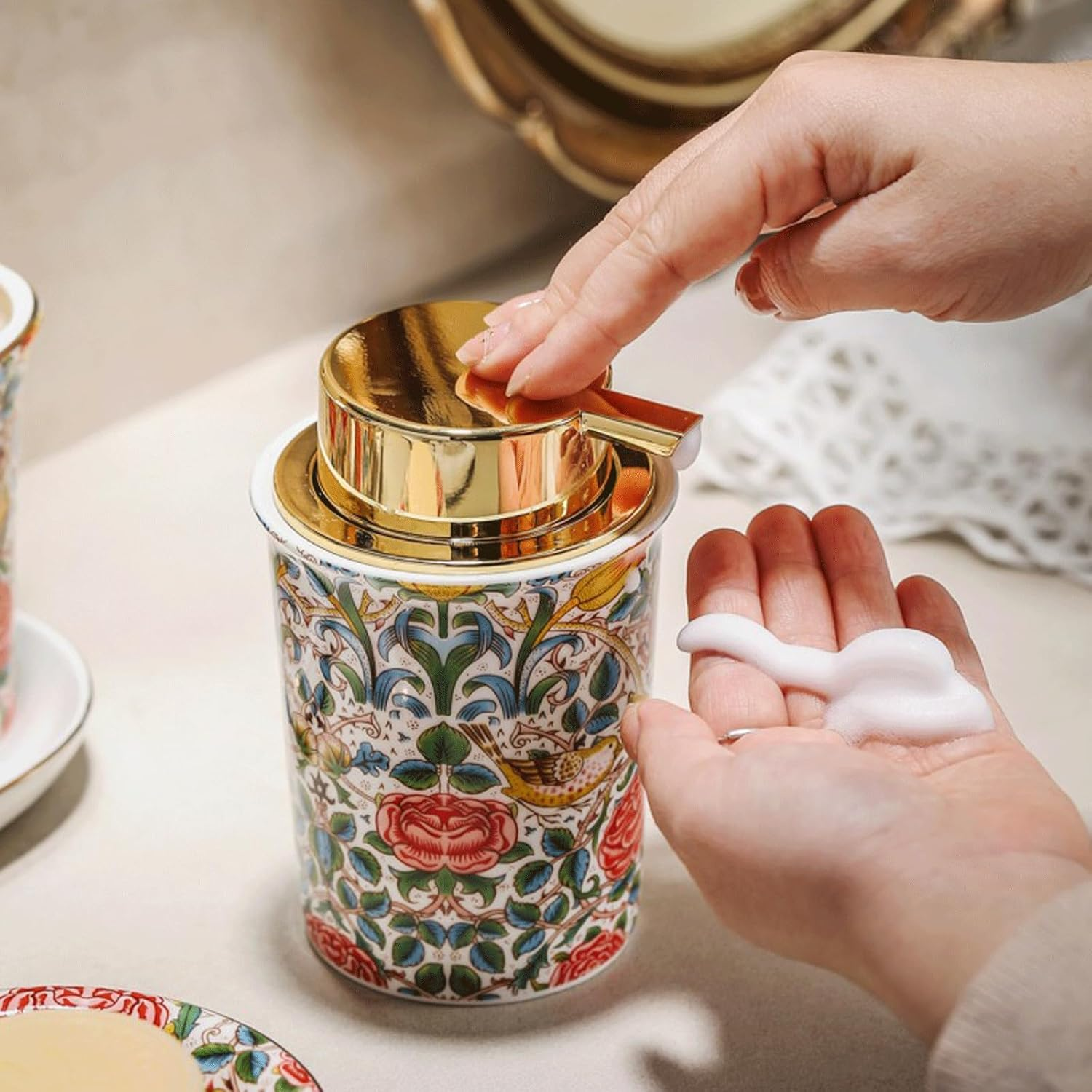 Countertop Soap Dispensers Foam Soap Dispenser with Gold Pump Vintage Ceramic Foaming Pump Bottle for Bathroom Refillable Hand Soap Foam Dispenser for Kitchen Liquid Hand Soap Dispenser image number 3