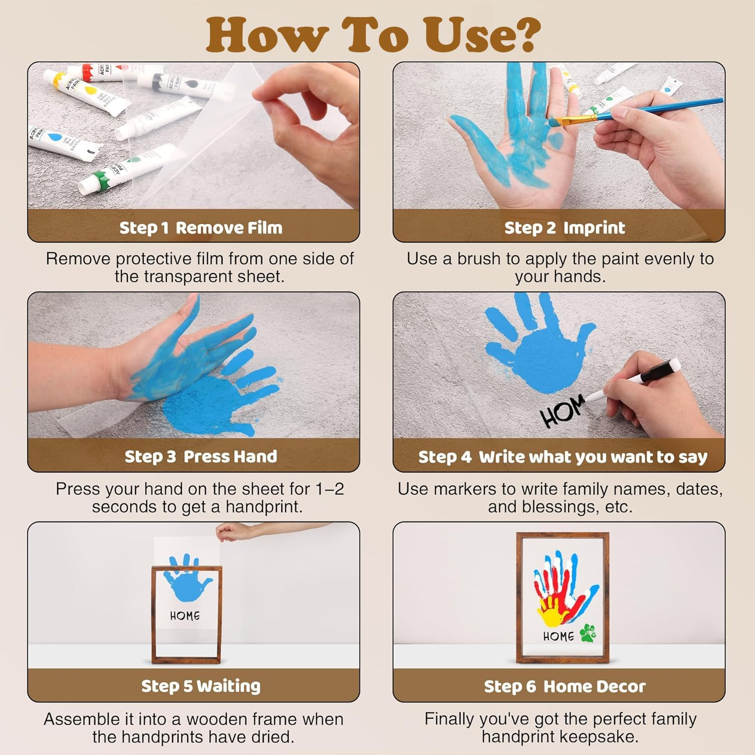 Xiwerhll Family Handprint Kit, Baby Hand and Footprint Kit DIY Handmade Keepsake Wooden Frame Gifts for New Parents for Grandparent Mother'S Day Anniversary Day Father'S, 6 Non -Toxic Paints image number 4