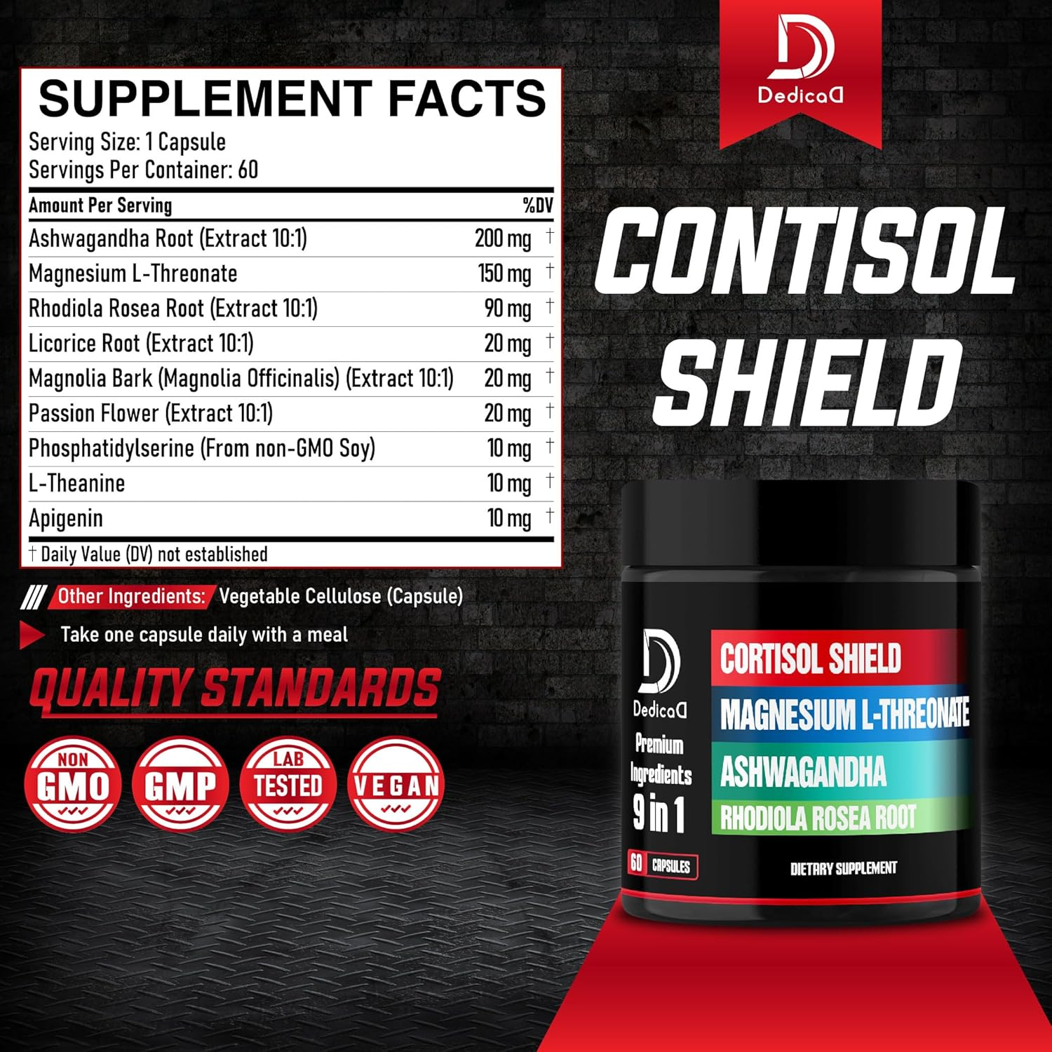 Dedicad 9In1 Cortisol Shield - Magnesium L-Threonate & Ashwagandha with Rhodiola, Phosphatidylserine, Passion Flower, L-Theanine, Apigenin, Licorice, Magnolia - Rest Well & Mood Balance - 60 Count image number 4