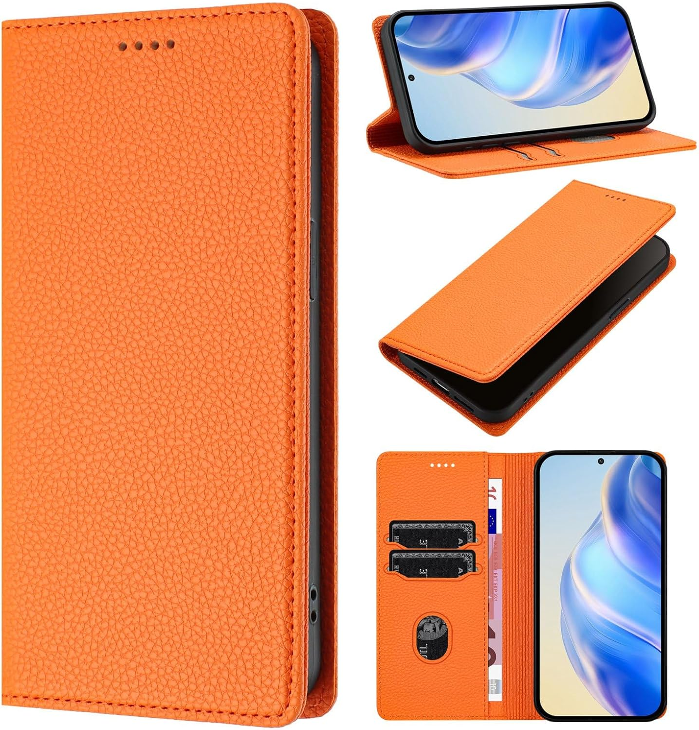 QIWEIQING Mobile Phone Case for Iphone 17 Pro Leather Case Foldable Flip Case Magnetic Card Slot Stand Function Flip Case Protective Cover for Iphone 17 Pro Orange YBZ