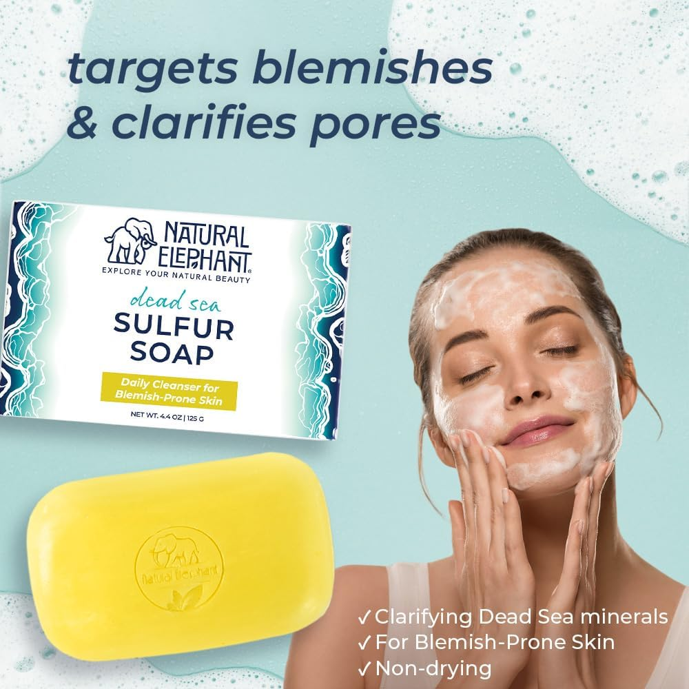Natural Elephant Dead Sea Sulfur Soap 4.4 Oz with Dead Sea Salt, Aloe Vera, Sulphur Face and Body Cleanser Bar for All Skin Types (3 Pack (13.2 Oz Total)) image number 5