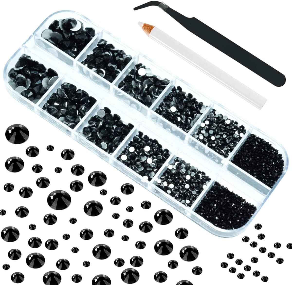 Qiipii 4010Pcs Nail Art Rhinestones Kit Crystal White Flatback Rhinestones 6 Sizes (1.6-6.1 Mm) up to SS30 round Clear Crystal Nail Gems Stones with Picking Pen, Tweezer for Nail DIY Craft Eyes Face