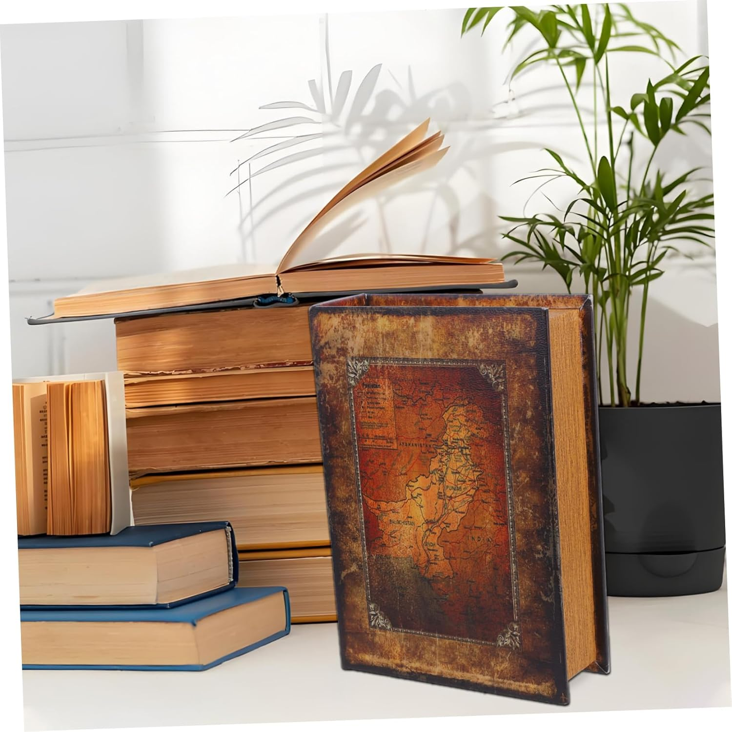 Vintage Book Shaped Storage Box Decorative Fake Book Key Box Large Nautical Map Design Decorative Bookshelf Prop Keepsake Organizer