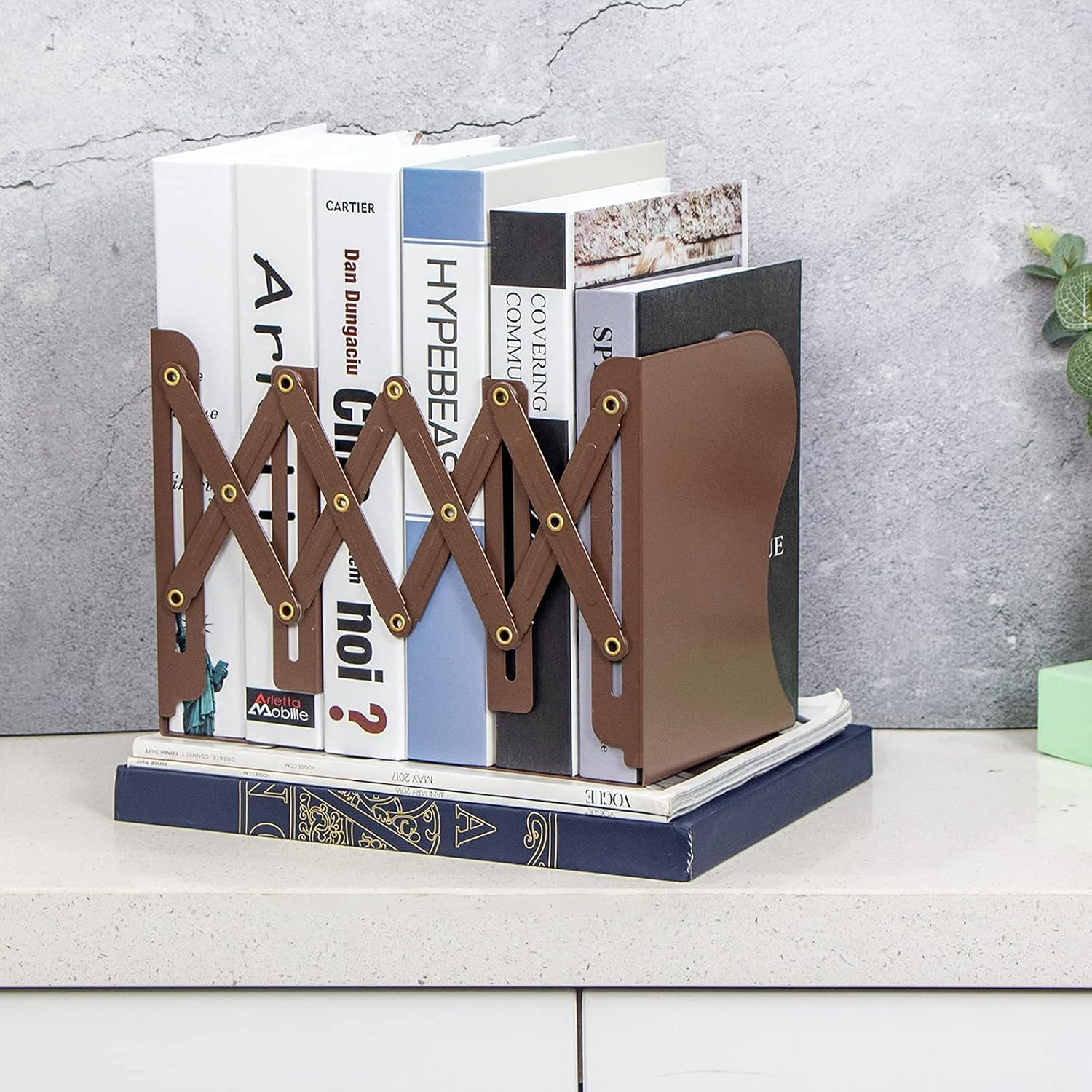 Aobopar Book Ends, Bookends for Shelves, Book Organizer for Desk, Metal Bookends for Heavy Books, Book Holders for Shelves, Suitable for Office, Home and School Use (Brown) image number 1