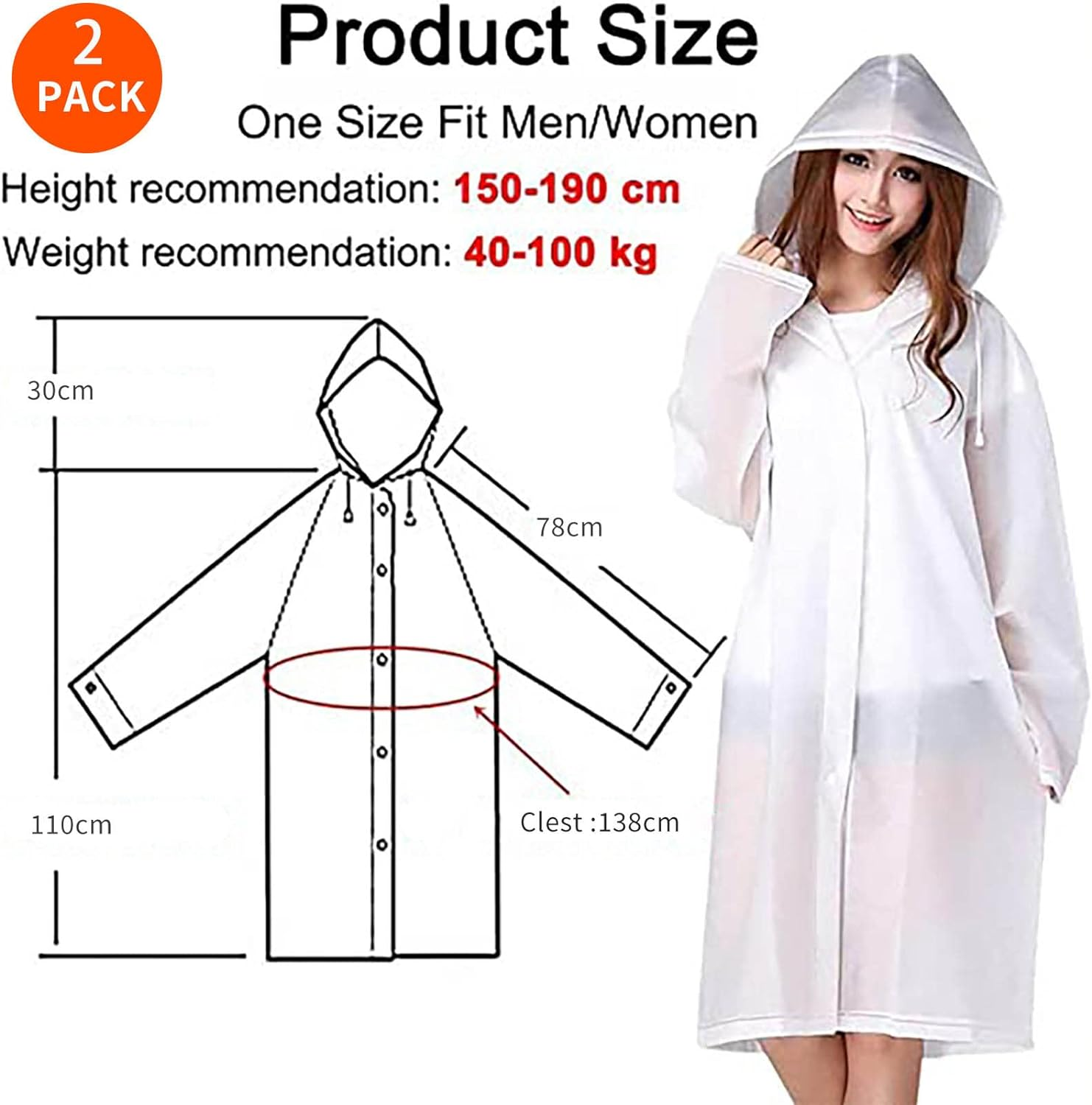 EVA Rain Poncho, 2 Pcs Raincoat for Women Men, with Hood，Reusable EVA Rain Ponchos Raincoat
