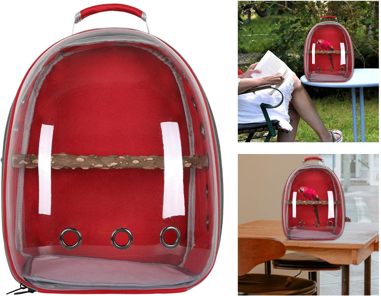 KESOTO Bird Carrier Bag Pet Backpack Parrot Cage Transparent Cover Travel Large Space Carry Bag for Parakeets Hiking Finches, Red image number 2