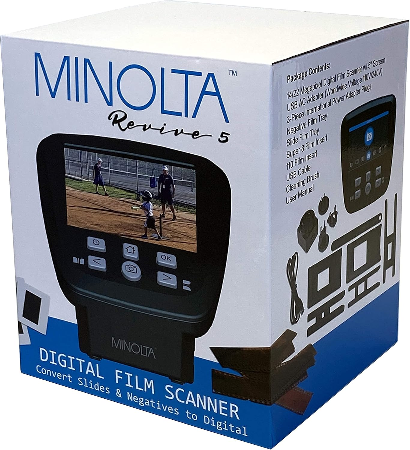 MINOLTA Film & Slide Scanner, Large 5" Screen, Convert Color & B&W 35Mm, 126, 110 Negative & Slides, Super 8 Films to High Res 22MP JPEG Digital Photos, 16GB SD Card, Worldwide AC Adapter (Black) image number 2