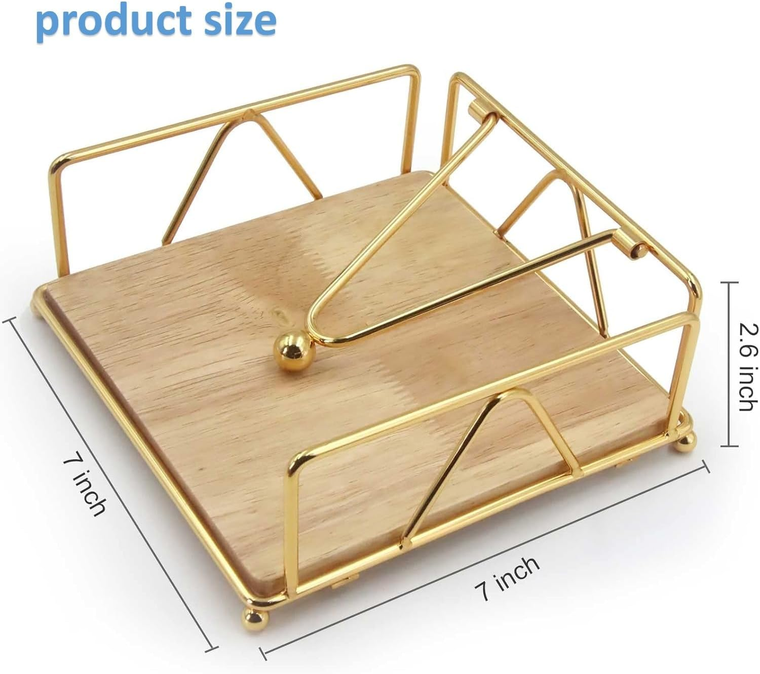 Metal Napkin Holder with Weighted Arm,Metal Napkin Holder with Wooden Base,Square Napkin Holder,Elegant Paper Napkin Dispenser,Metal Flat Napkin Holder for Kitchen Counter, Dining Table (Gold) image number 1
