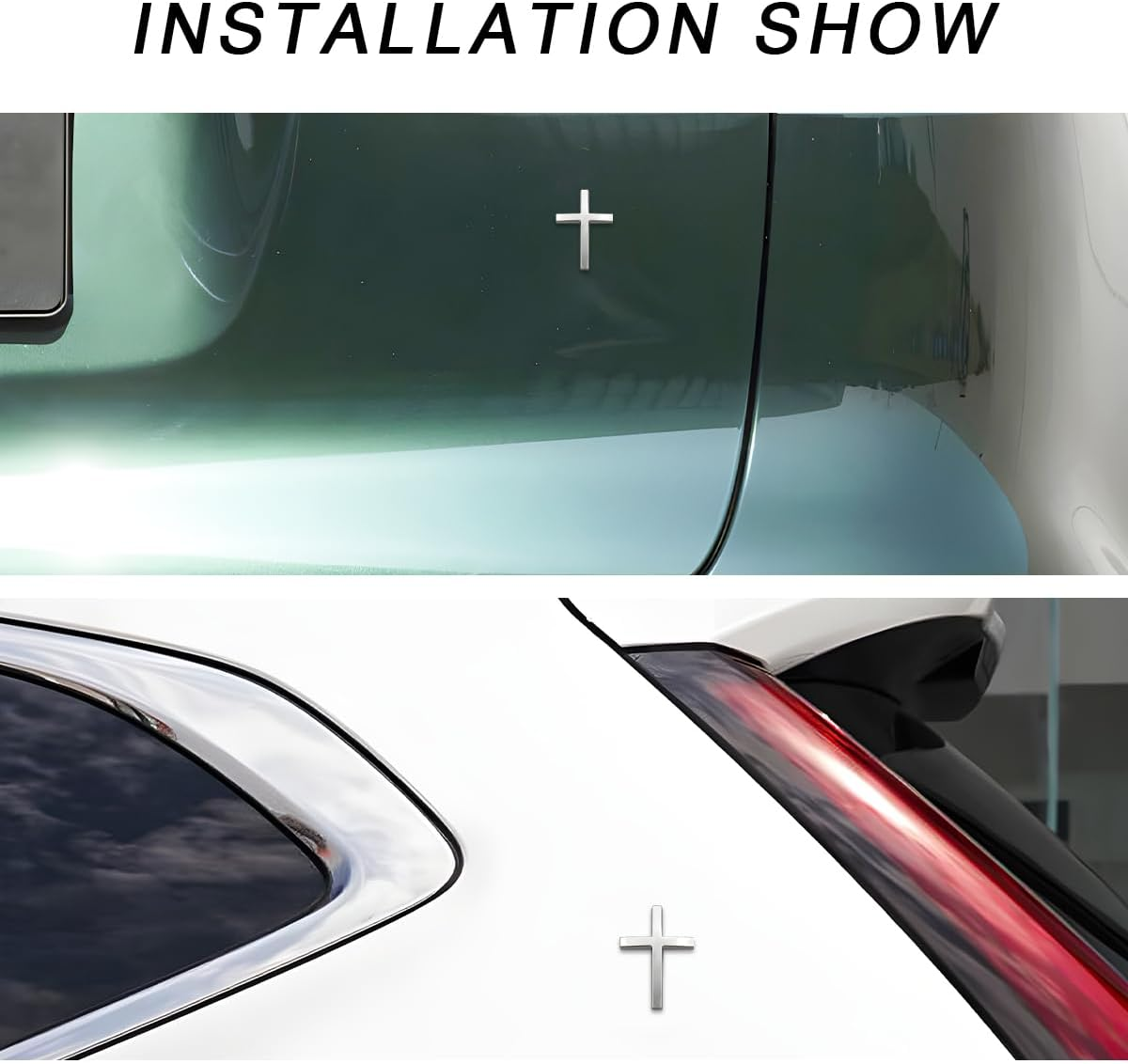 DXNQ 2PCS Metal Jesus Christ Cross Badge Stickers, 2.5"&times;1.8" Alloy 3D Individual Car Cross Sticker, Self Adhesive Scratch Covering Metal Cross Auto Emblem Decal for Car Body Fender Tail (Silver) image number 3