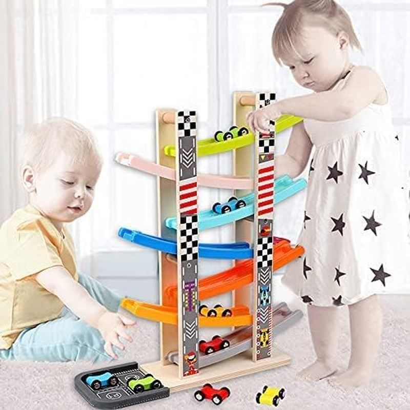 Car Ramp Racer Toy for Toddler - Baby Car Race Track Vehicle Playsets with 6 Wooden Race Cars, 1 Parking Garage, 3 Extra Bridges and 6 Car Ramps for Boys & Girls image number 5