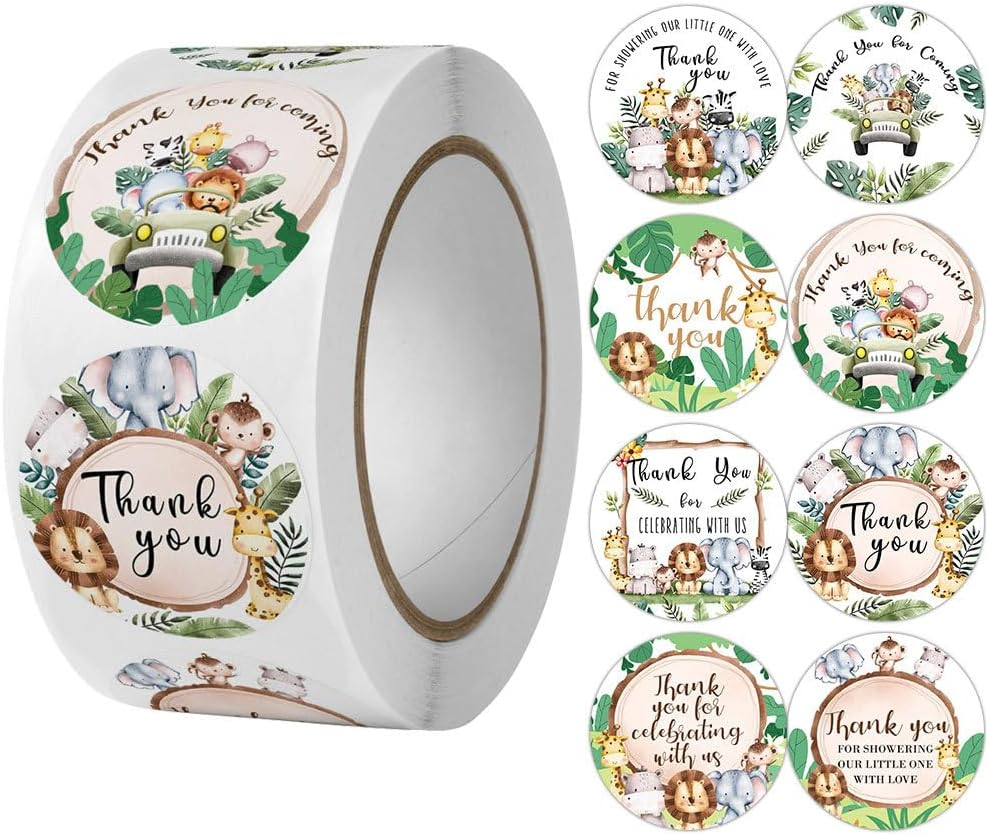 Jungle Safari Thank You Stickers, Wild Animals Thank You Stickers for Baby Shower Birthday Party Gift Wrap Bag Label Decorations,500/Roll image number 1