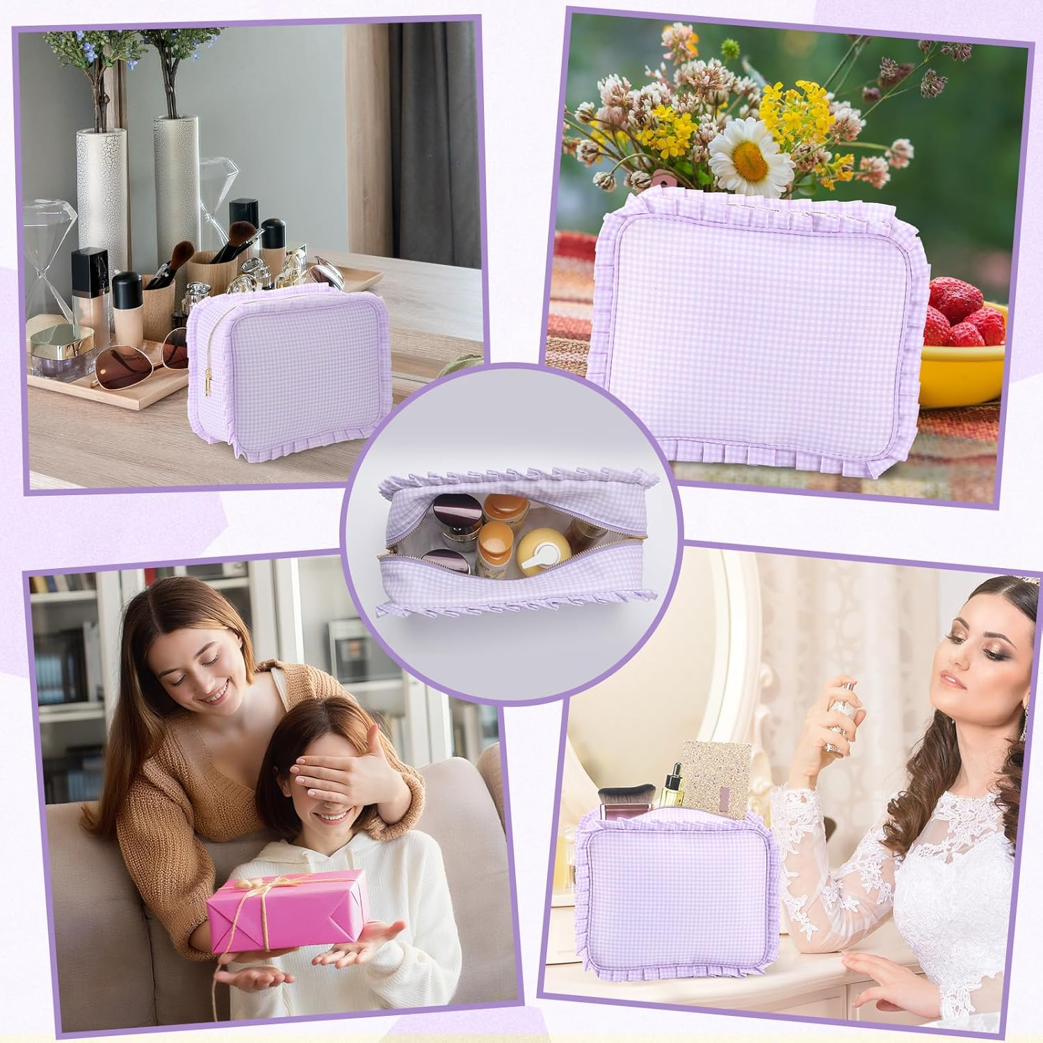 Siltriangle Gingham Ruffle Makeup Bag Large Travel Cute Checkered Cosmetic Toiletry Bag with Zipper for Women Girls, Toiletry Pouch Make up Organizer Gift, Purple