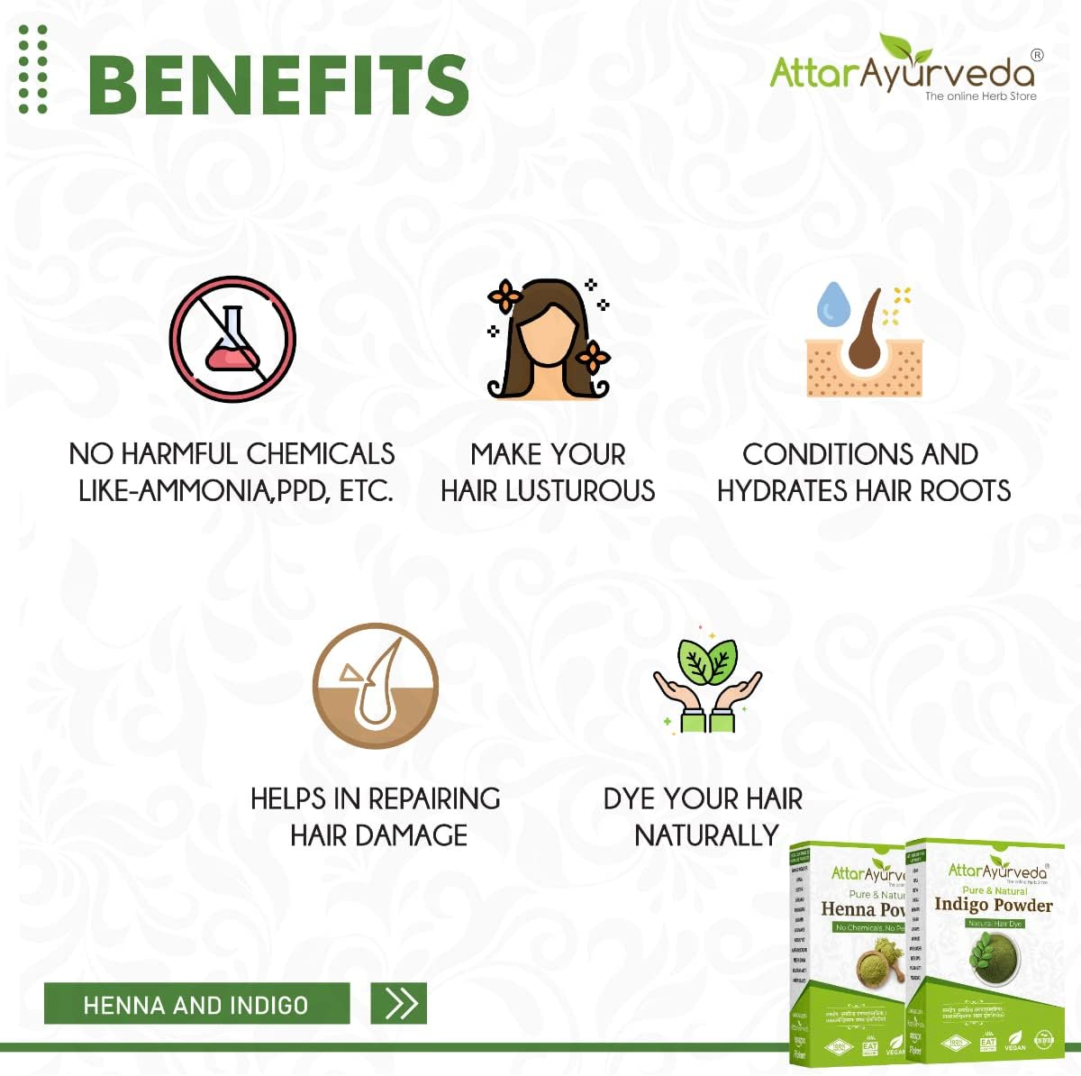 Attar Ayurveda Natural Dye for Black Hair (Henna Leaves Powder| Indigo Leaves Powder Combo Pack) (200 Grams + 200 Grams = 400 Grams Total) - 14 Ounce Pack 2 image number 5