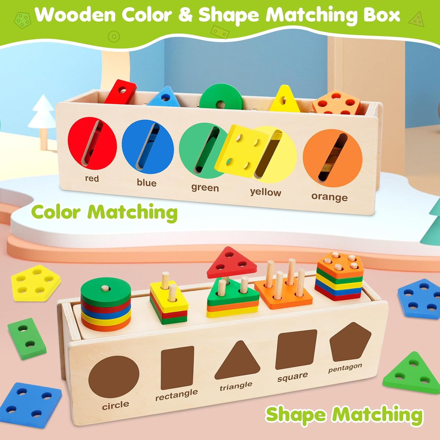 V-Opitos Montessori Toys for Toddler 1+ Year Old, Wooden Color & Shape Sorting Matching Box, Early Learning Toys for 12-18 Month, Age 1, 2, 3, Ideal Christmas, Birthday Gifts for Boy & Girl image number 3