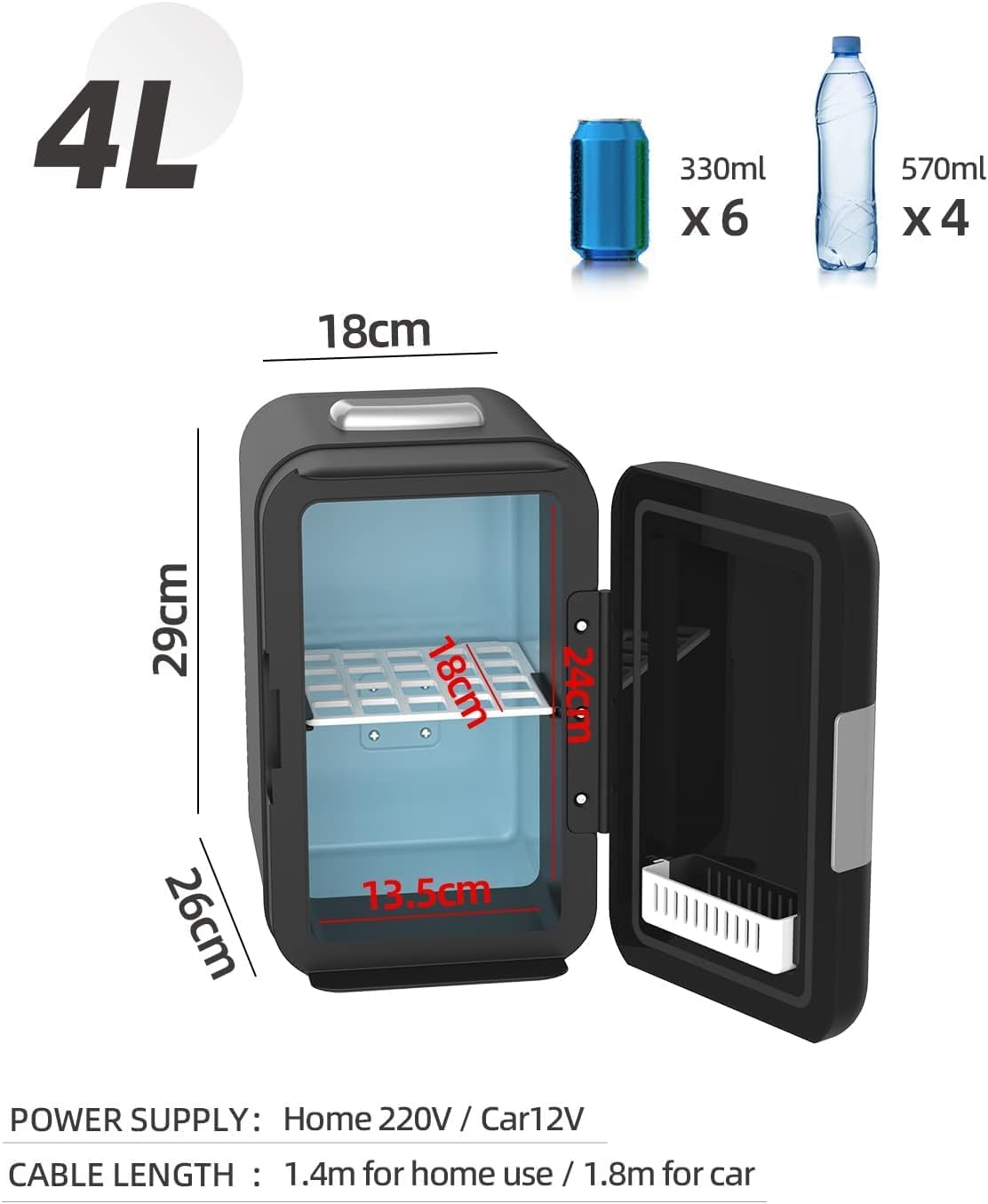 4L Portable Mini Fridge Compact Personal Fridge Car Refrigerator, Black image number 2