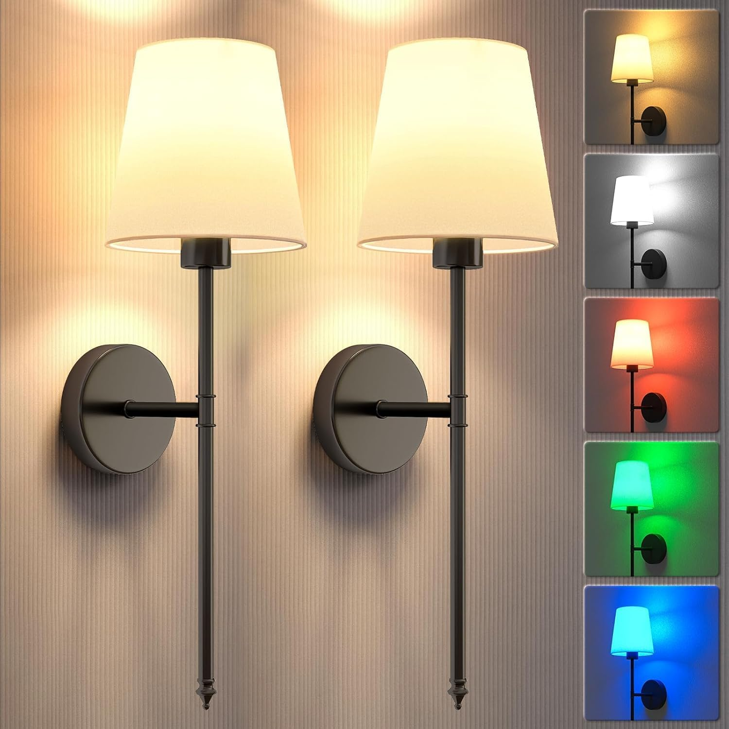 Anfower Battery Operated Wall Sconce Set of 2,Black Rechargeable Wall Lights with 5200Mah Dimmable Detachable Bulbs and Remote,10 Colors Wireless Sconces for Bedroom Living Room Hallway (Black, 55Cm)