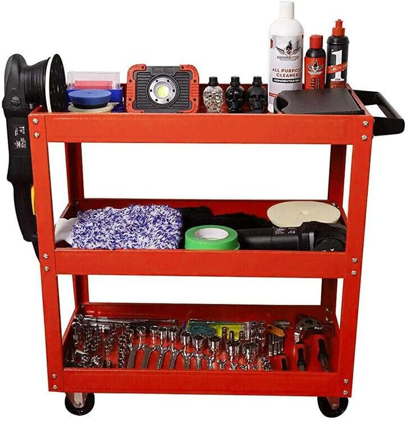 AIMALL Tool Trolley 3 Tiers Workshop Cart Rolling Steel Part Storage Handyman 150KG Red with 330LB Load Capacity, Omni-Directional Wheels, Handle, 25.6"X13.8"X29.1" image number 3