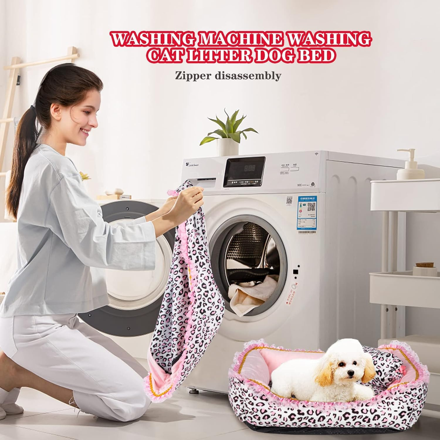 Gigreinc Cute Pink Puppy Sleeping Mat Bed with Leopard Pattern round Square Shape Cat Dog Sofa Bed Pet House Nest Cave(M, Square Bed) image number 1