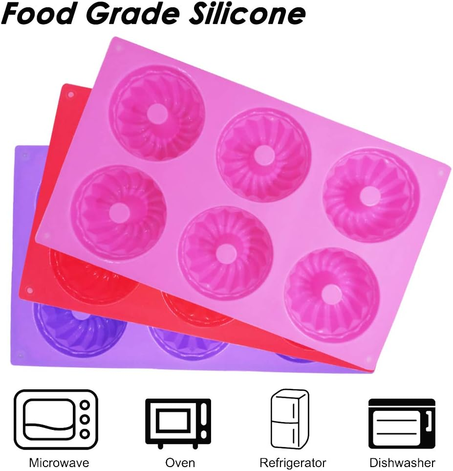 Findtop 3 Packs Silicone Mini Fluted Cake Pans, Mini Tube Cake Baking Pan for Muffin Cups, Coffee Cake, Cupcake, Brownie- Pink, Purple, Red image number 5