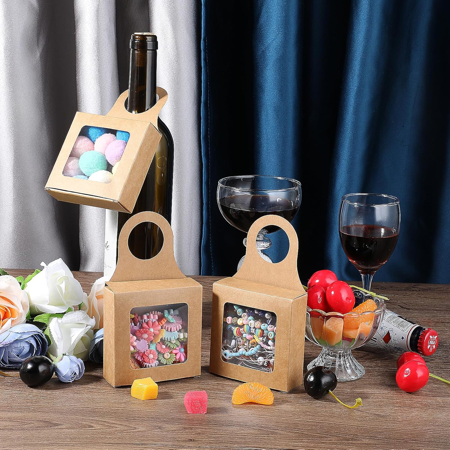 Jeffdad 10PCS Kraft Paper Wine Bottle Box with Window, Hanging Foldable Gift Boxes Wine Boxes Decoration Bottle Hanger Favor Box for Kitchen Dining Engagement Christmas Mother'S Day (Kraft Paper) image number 5